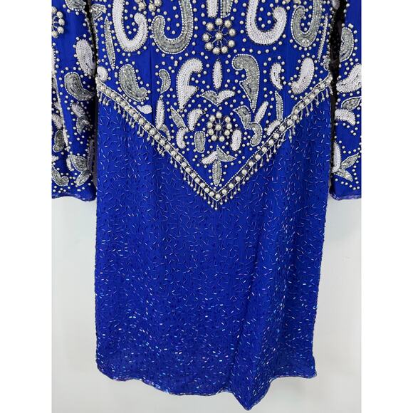 Vintage Silk Cocktail Dress Blue Sequin Beaded Avant Garde - Scala Size Med/Lrg - Picture 12 of 16